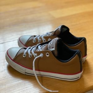 Kids tan & dark brown leather Converse sneakers
